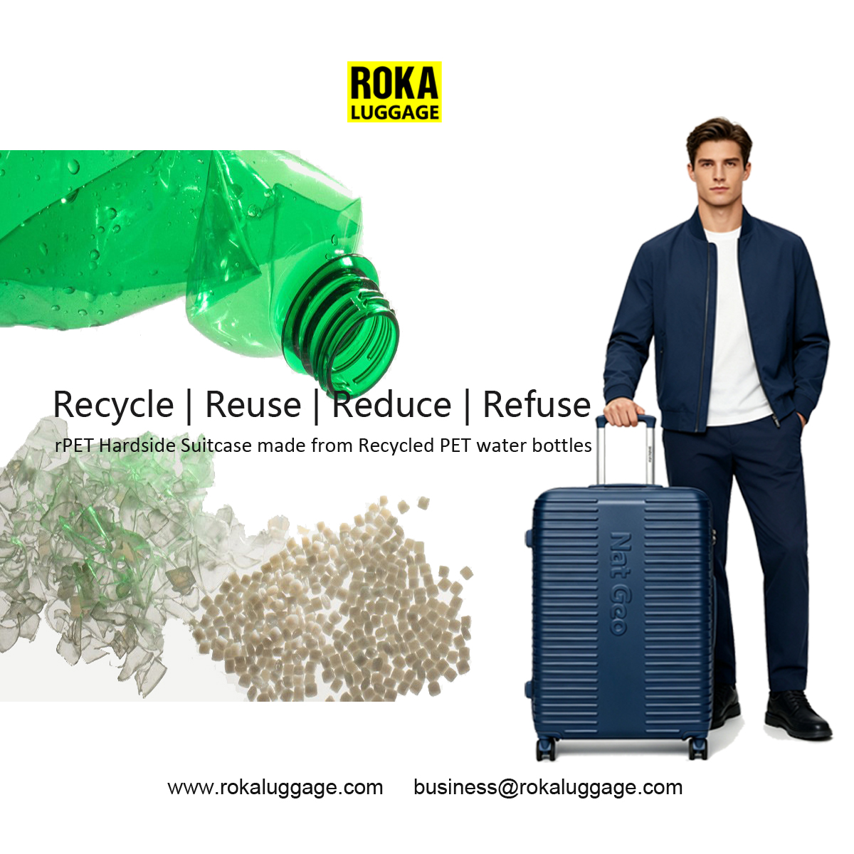 Roka GRS certified recycled sustainable luggage factory,ROKA sustainable rPET luggage,the newest sustainable rPET luggage,Roka sustainable rPET suitcase,the newest sustainable rPET suitcase,sustainable rPET suitcase factory